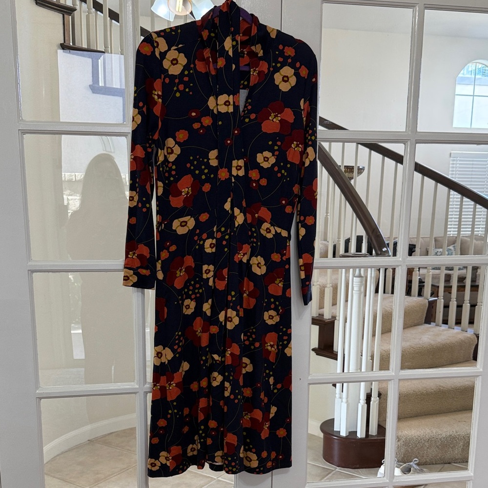 NEW King Louie EU  Size Large Long Sleeve Floral Navy Jersey Dress with Tie Belt